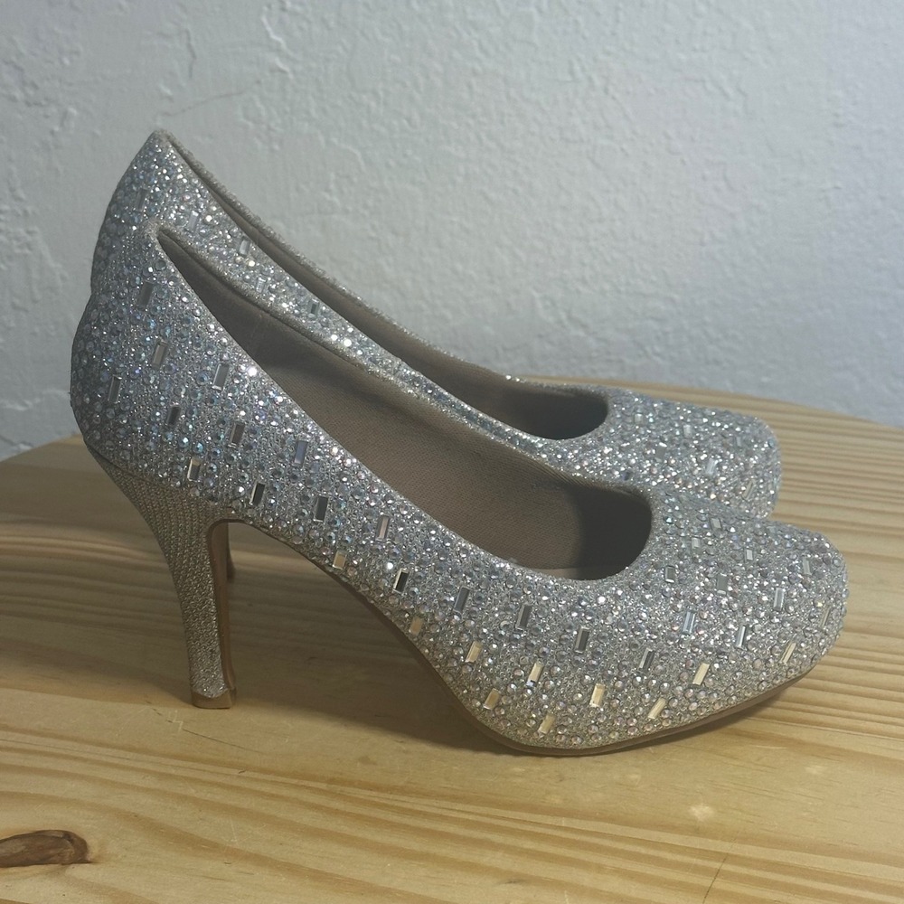 Delicacy Silver Rhinestone Platform Pumps Size 5 Crystal Bridal Prom Heels